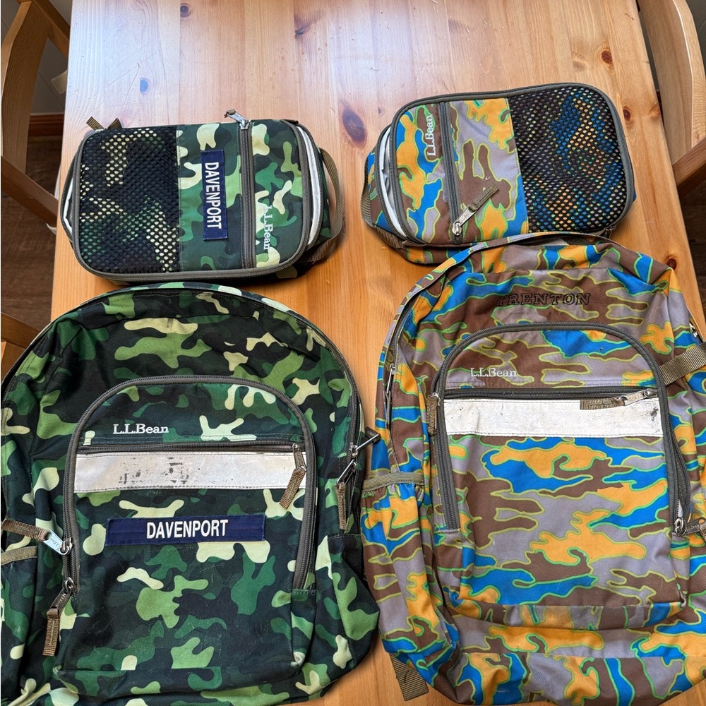 L.L. Bean - TWO- Camo and Blue Backpack and Lunchbox Sets